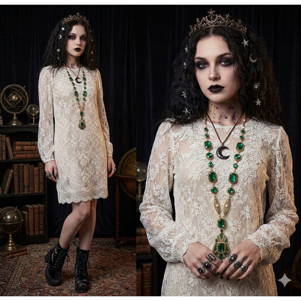 Whimsigoth Coquette VTG 80s does 20s Silver Gray Sheer Lace Pearl Back Dress L
